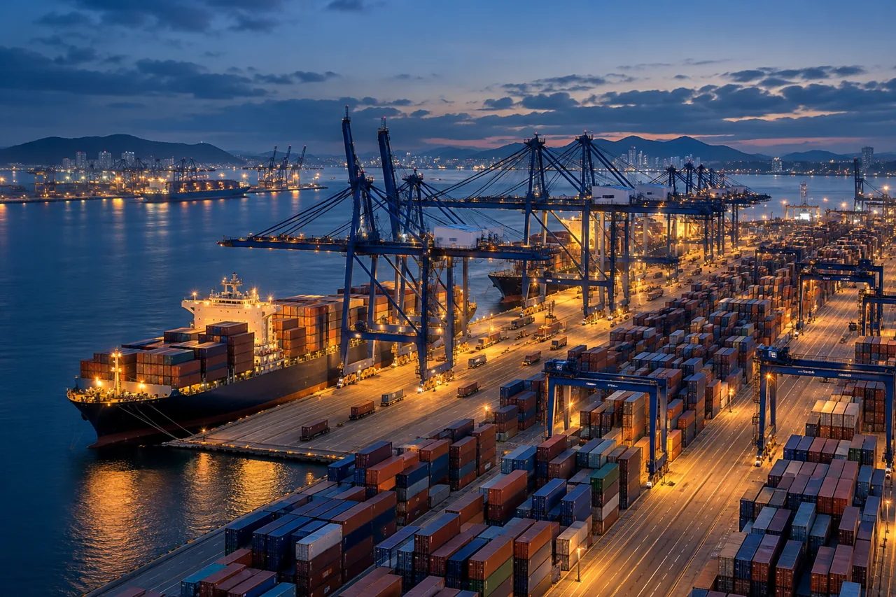 An illuminated international container port at dusk